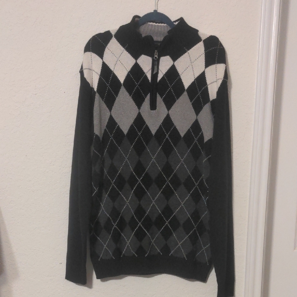 Vintage Method Men's Black, White & Gray Argyle Pullover 1/4 Zip Sweater XL